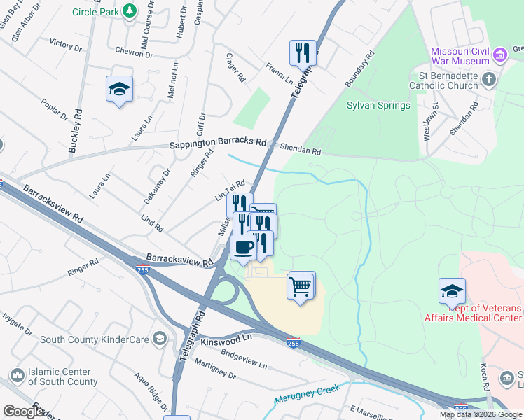map of restaurants, bars, coffee shops, grocery stores, and more near 3110 Alpen Rose Court in St. Louis