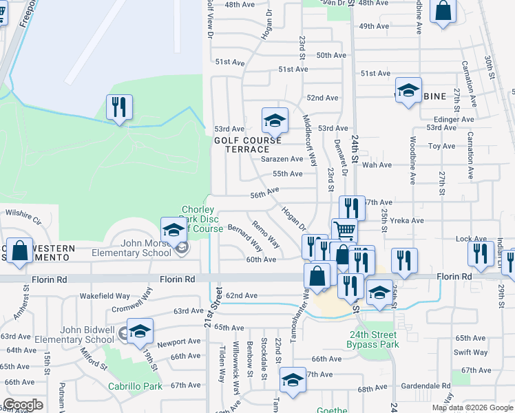 map of restaurants, bars, coffee shops, grocery stores, and more near 2112 57th Avenue in Sacramento