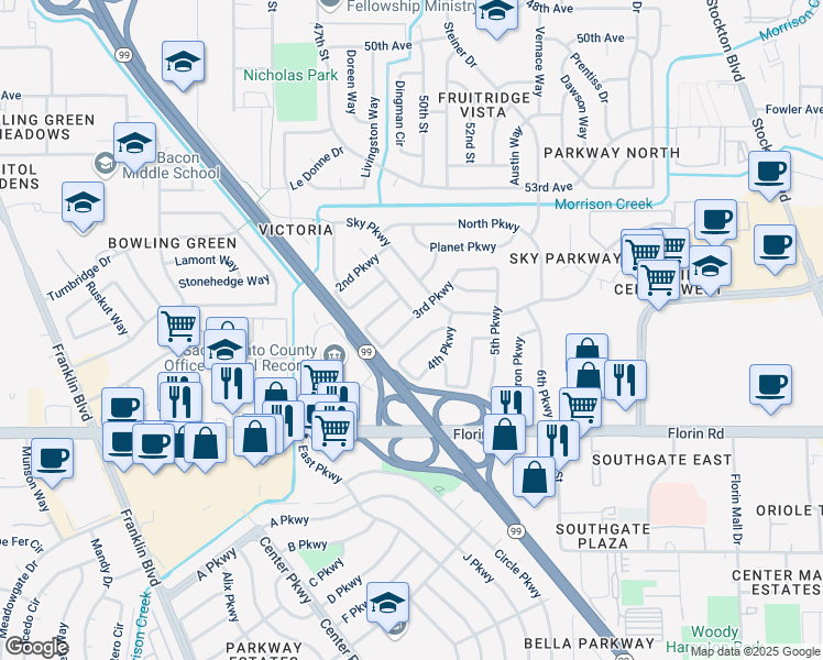 map of restaurants, bars, coffee shops, grocery stores, and more near 7033 3rd Parkway in Sacramento