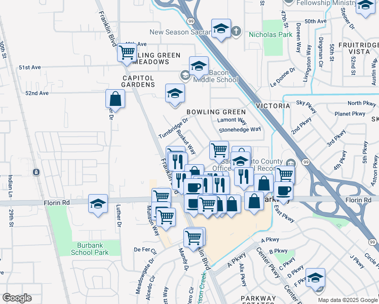 map of restaurants, bars, coffee shops, grocery stores, and more near 6950 Ruskut Way in Sacramento