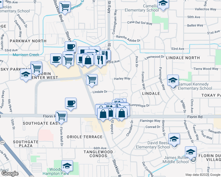 map of restaurants, bars, coffee shops, grocery stores, and more near 6945 Lewiston Way in Sacramento