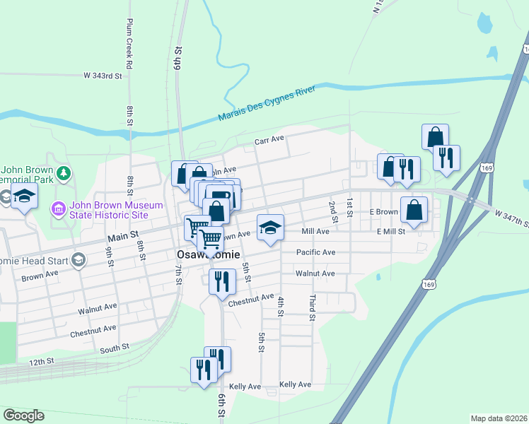 map of restaurants, bars, coffee shops, grocery stores, and more near 401 Main Street in Osawatomie