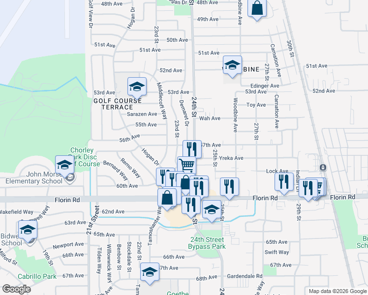 map of restaurants, bars, coffee shops, grocery stores, and more near 7000 Demaret Drive in Sacramento