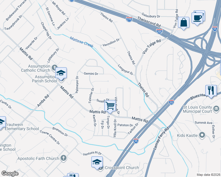 map of restaurants, bars, coffee shops, grocery stores, and more near 4452 Skyridge Drive in St. Louis