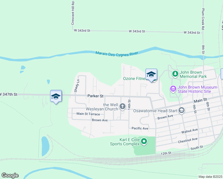 map of restaurants, bars, coffee shops, grocery stores, and more near 1520 Parker Avenue in Osawatomie