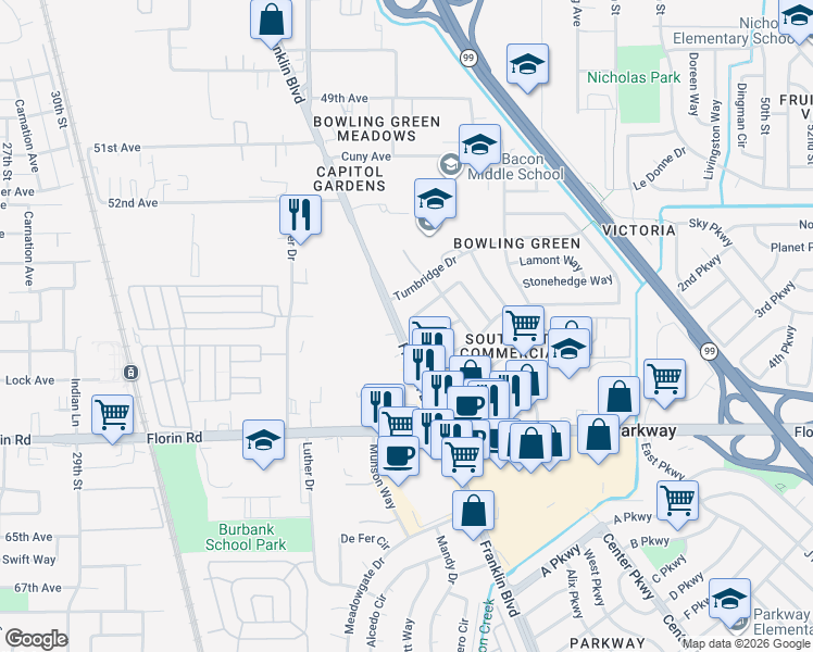 map of restaurants, bars, coffee shops, grocery stores, and more near in Sacramento
