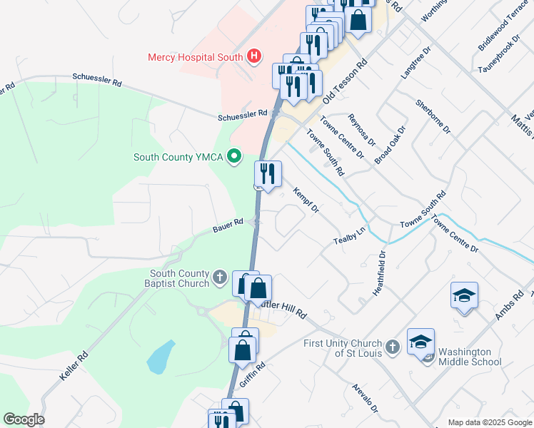 map of restaurants, bars, coffee shops, grocery stores, and more near 5178 Deerfield Circle Drive in St. Louis
