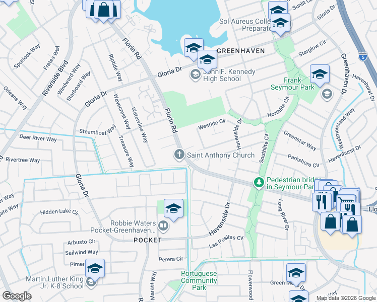 map of restaurants, bars, coffee shops, grocery stores, and more near 11 Park Place Court in Sacramento