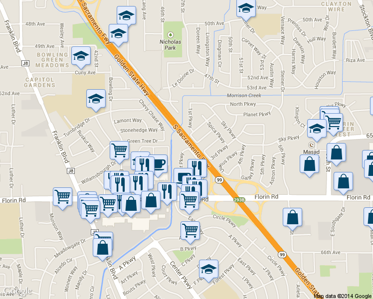 map of restaurants, bars, coffee shops, grocery stores, and more near 7000 East Parkway in Sacramento