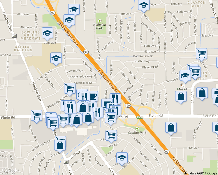 map of restaurants, bars, coffee shops, grocery stores, and more near 7000 East Parkway in Sacramento