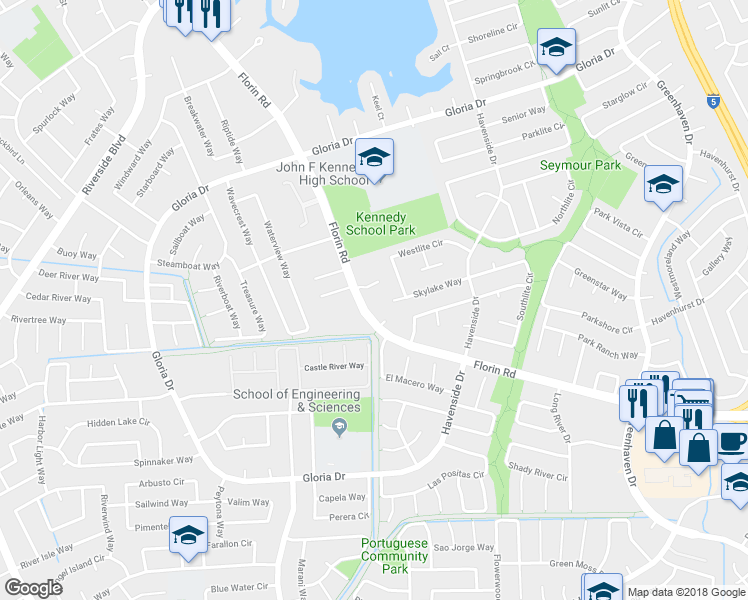 map of restaurants, bars, coffee shops, grocery stores, and more near 11 Park Place Court in Sacramento