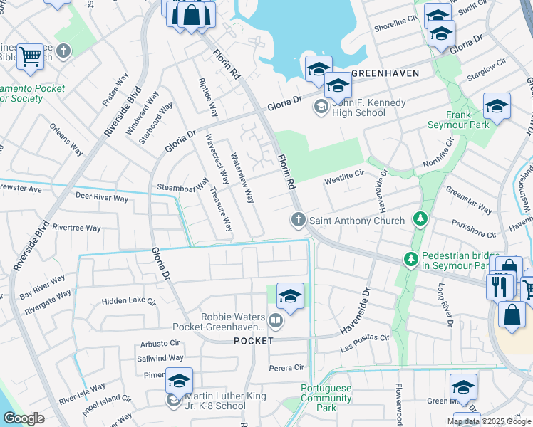 map of restaurants, bars, coffee shops, grocery stores, and more near 7045 Waterview Way in Sacramento
