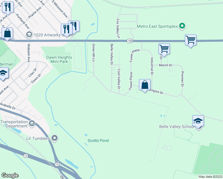 map of restaurants, bars, coffee shops, grocery stores, and more near 1039 Belle Valley Drive in Belleville