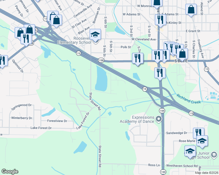 map of restaurants, bars, coffee shops, grocery stores, and more near 25 West Lakeshore Drive in Belleville