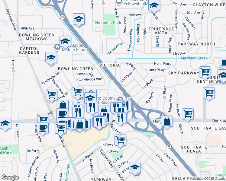 map of restaurants, bars, coffee shops, grocery stores, and more near 7000 East Parkway in Sacramento