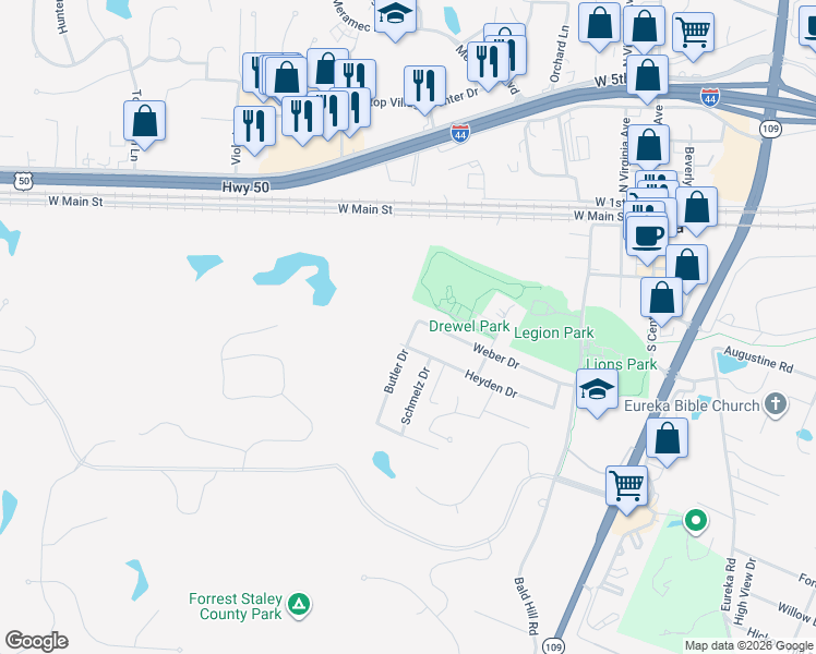 map of restaurants, bars, coffee shops, grocery stores, and more near 508 Butler Drive in Eureka