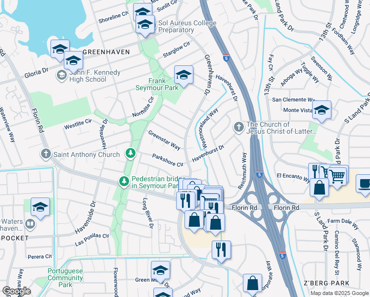 map of restaurants, bars, coffee shops, grocery stores, and more near Greenhaven Drive & Greenstar Way in Sacramento