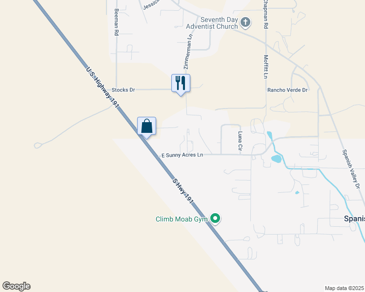 map of restaurants, bars, coffee shops, grocery stores, and more near 4908 Sunny Acres Lane in Moab