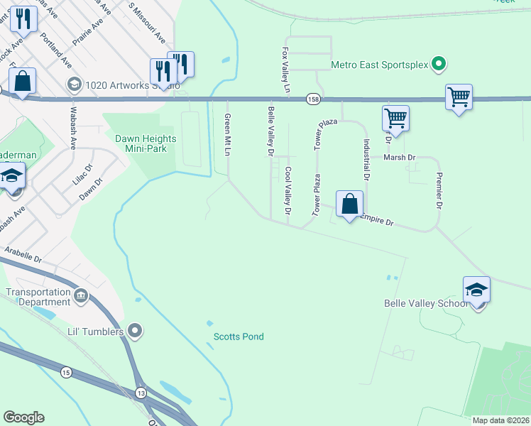 map of restaurants, bars, coffee shops, grocery stores, and more near 1039 Belle Valley Drive in Belleville