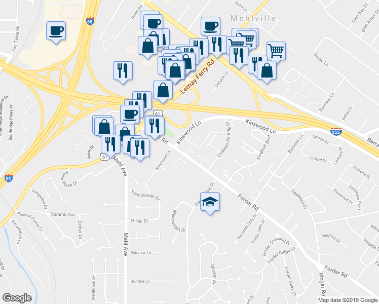 map of restaurants, bars, coffee shops, grocery stores, and more near 1215 Saltash Court in St. Louis