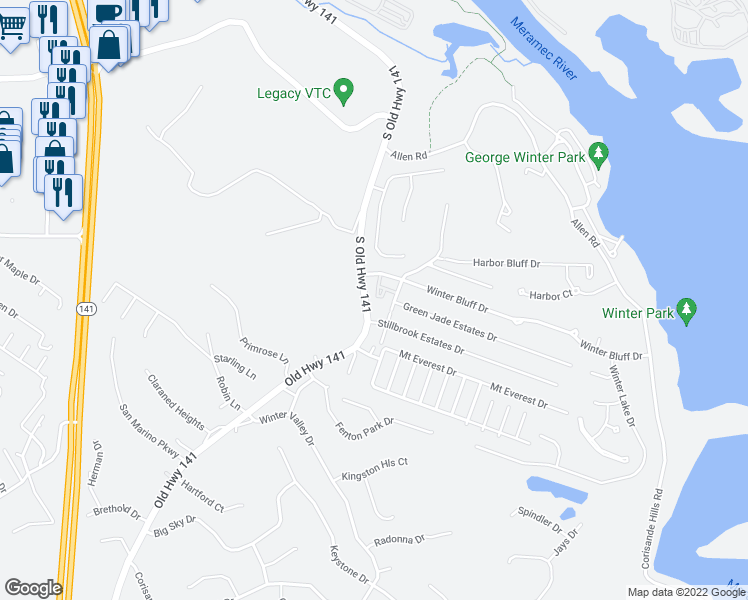 map of restaurants, bars, coffee shops, grocery stores, and more near 605D South Old Highway 141 in Fenton