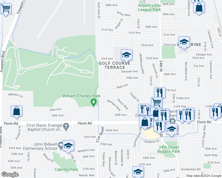 map of restaurants, bars, coffee shops, grocery stores, and more near 2108 56th Avenue in Sacramento