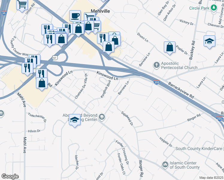 map of restaurants, bars, coffee shops, grocery stores, and more near 15 Berview Circle in St. Louis