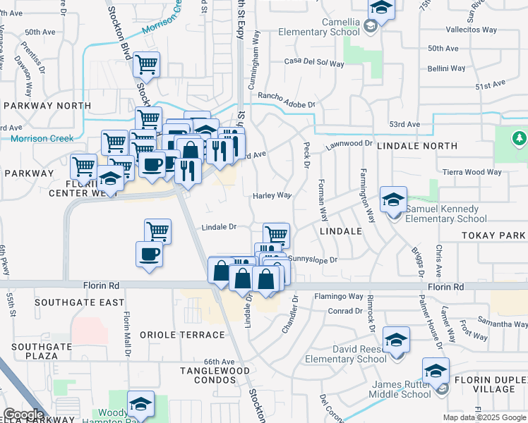 map of restaurants, bars, coffee shops, grocery stores, and more near 6945 Lewiston Way in Sacramento