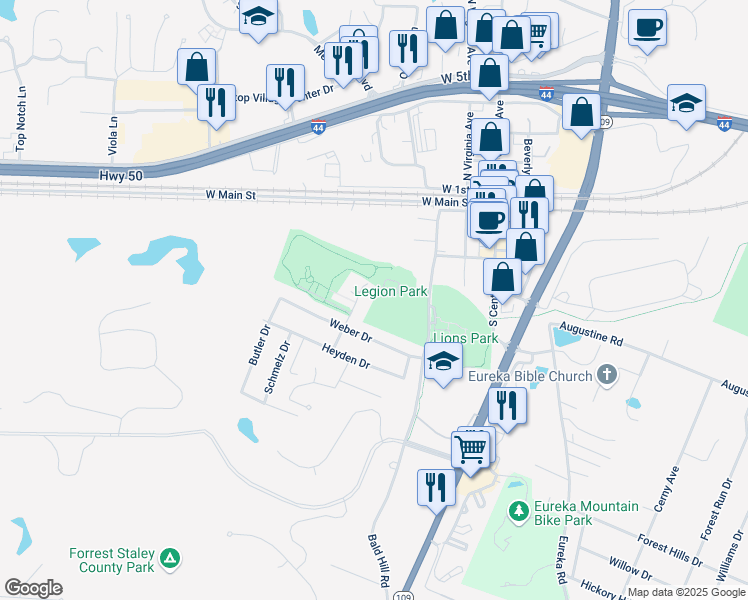 map of restaurants, bars, coffee shops, grocery stores, and more near 476 Hill Drive Court in Eureka