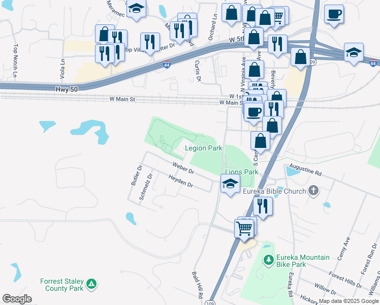 map of restaurants, bars, coffee shops, grocery stores, and more near 476 Hill Drive Court in Eureka