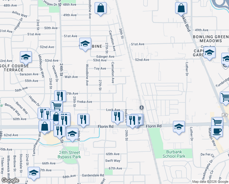 map of restaurants, bars, coffee shops, grocery stores, and more near 6896 Cal Valley Way in Sacramento