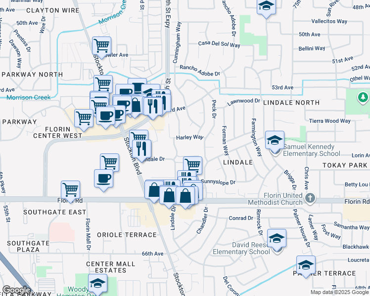 map of restaurants, bars, coffee shops, grocery stores, and more near 6945 Lewiston Way in Sacramento