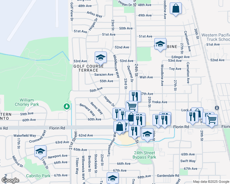 map of restaurants, bars, coffee shops, grocery stores, and more near 7019 Hogan Drive in Sacramento