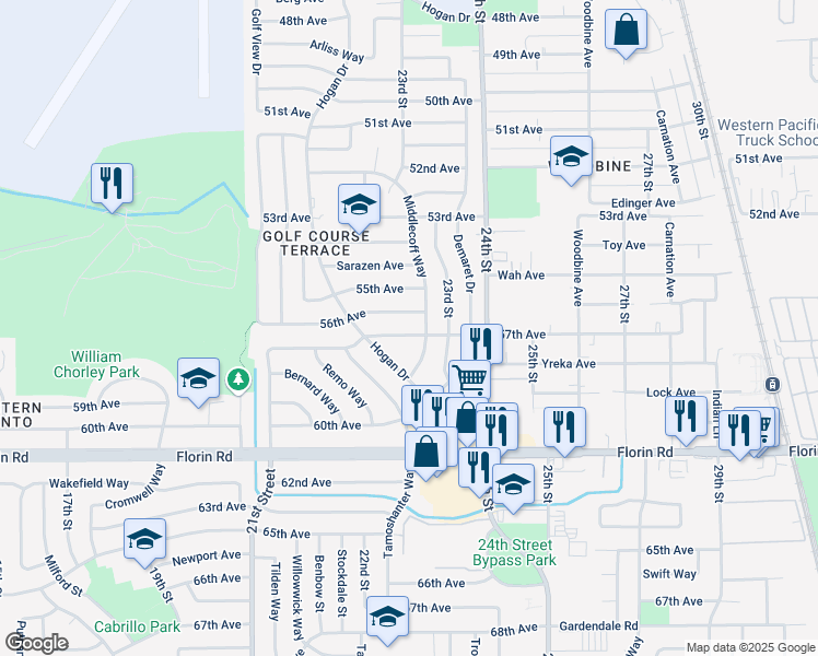 map of restaurants, bars, coffee shops, grocery stores, and more near 7019 Hogan Drive in Sacramento
