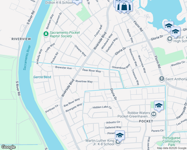 map of restaurants, bars, coffee shops, grocery stores, and more near 367 Rivertree Way in Sacramento