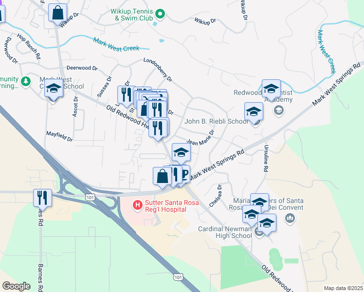 map of restaurants, bars, coffee shops, grocery stores, and more near 4669 Paulette Place in Santa Rosa
