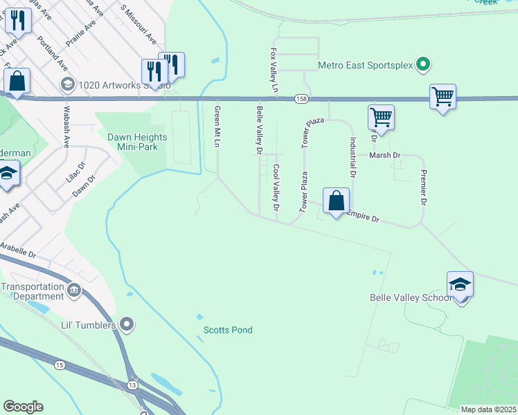 map of restaurants, bars, coffee shops, grocery stores, and more near 1039 Belle Valley Drive in Belleville