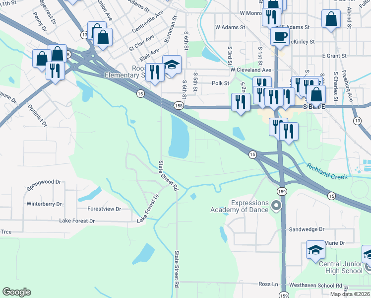 map of restaurants, bars, coffee shops, grocery stores, and more near 25 West Lakeshore Drive in Belleville