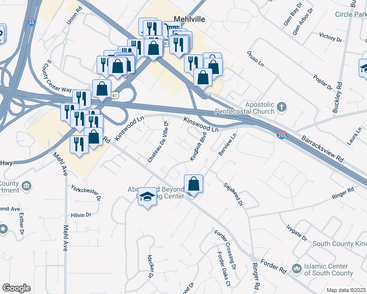 map of restaurants, bars, coffee shops, grocery stores, and more near 1100 Kingbolt Circle Drive in St. Louis