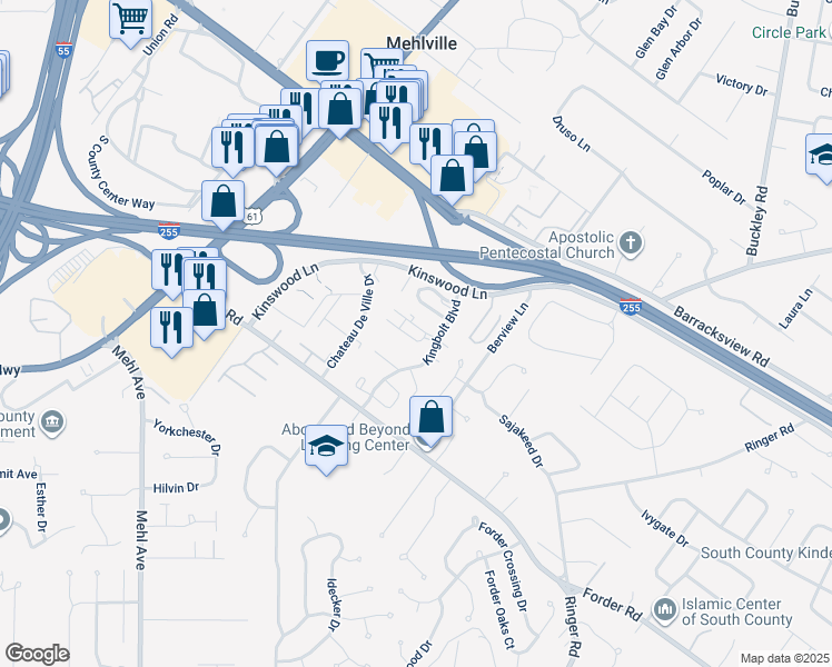 map of restaurants, bars, coffee shops, grocery stores, and more near 1111 Kingbolt Circle Drive in St. Louis
