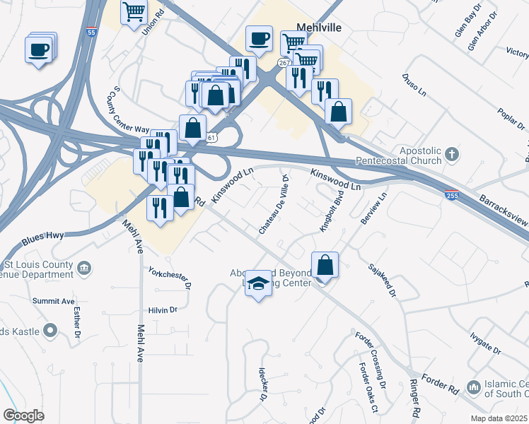 map of restaurants, bars, coffee shops, grocery stores, and more near 4366 Chateau De Ville Drive in St. Louis