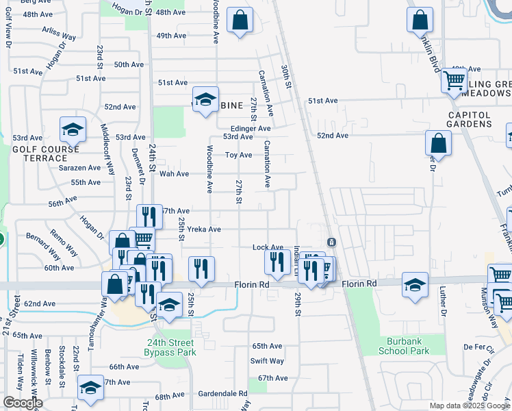 map of restaurants, bars, coffee shops, grocery stores, and more near 7010 Carnation Avenue in Sacramento