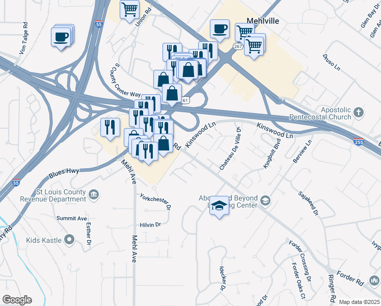 map of restaurants, bars, coffee shops, grocery stores, and more near 1215 Saltash Court in St. Louis