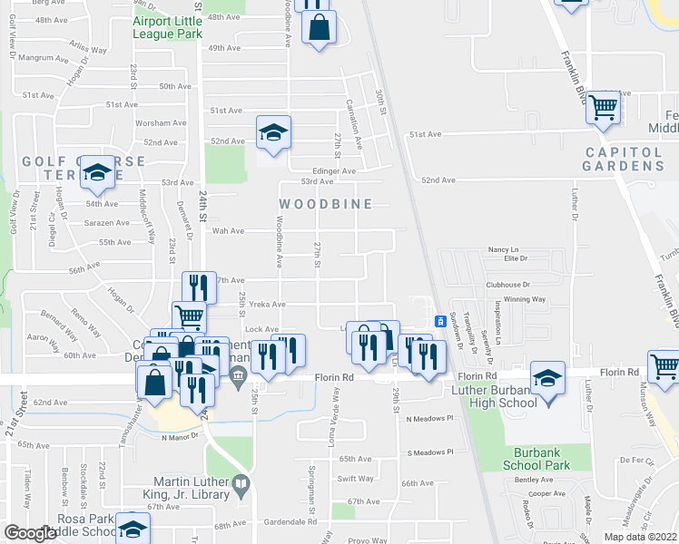 map of restaurants, bars, coffee shops, grocery stores, and more near 7010 Carnation Avenue in Sacramento