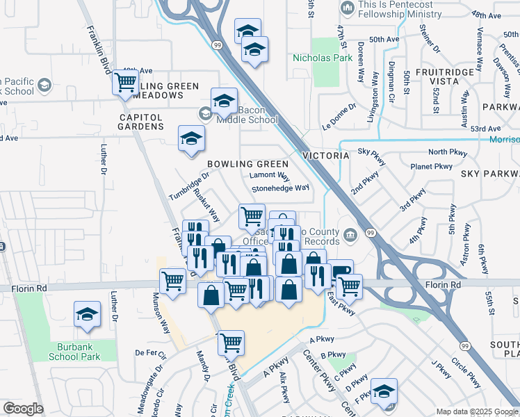 map of restaurants, bars, coffee shops, grocery stores, and more near 7051 Bowling Drive in Sacramento