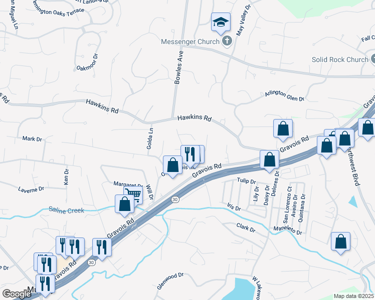 map of restaurants, bars, coffee shops, grocery stores, and more near 1057 Old Gravois Road in Fenton