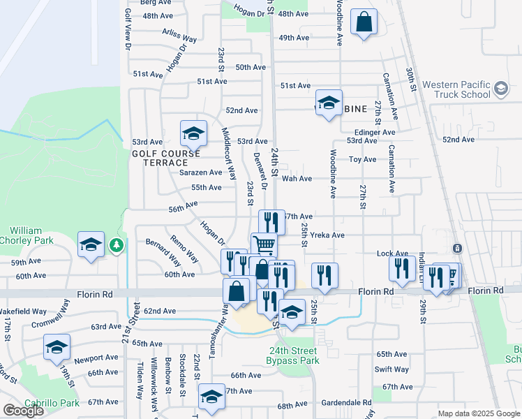 map of restaurants, bars, coffee shops, grocery stores, and more near 6980 Demaret Drive in Sacramento