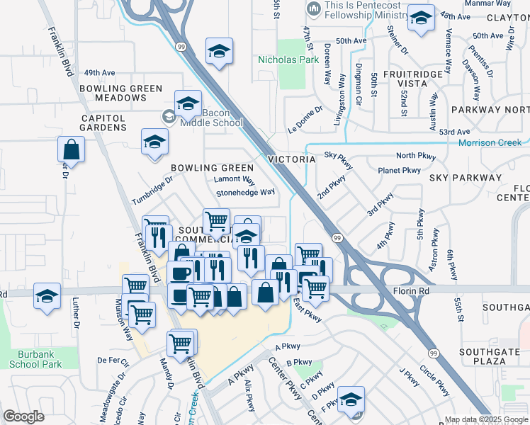 map of restaurants, bars, coffee shops, grocery stores, and more near 4510 Green Tree Drive in Sacramento