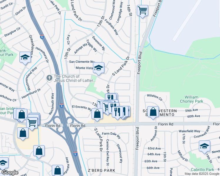 map of restaurants, bars, coffee shops, grocery stores, and more near 6900 South Land Park Drive in Sacramento