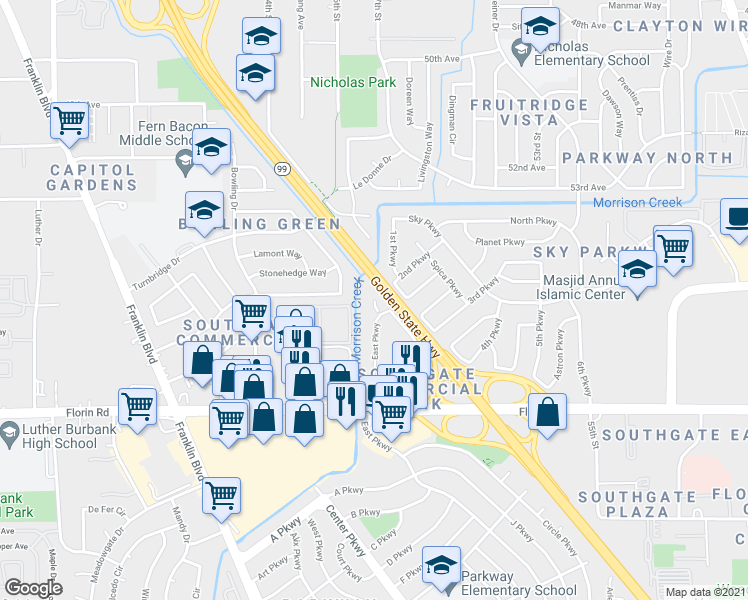 map of restaurants, bars, coffee shops, grocery stores, and more near 4944 1st Parkway in Sacramento